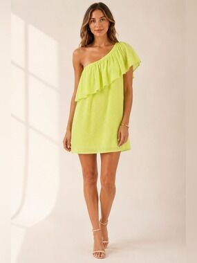 Corey Lynn Calter Lime One Shoulder Ruffle Swiss Dot Dress Medium EUC